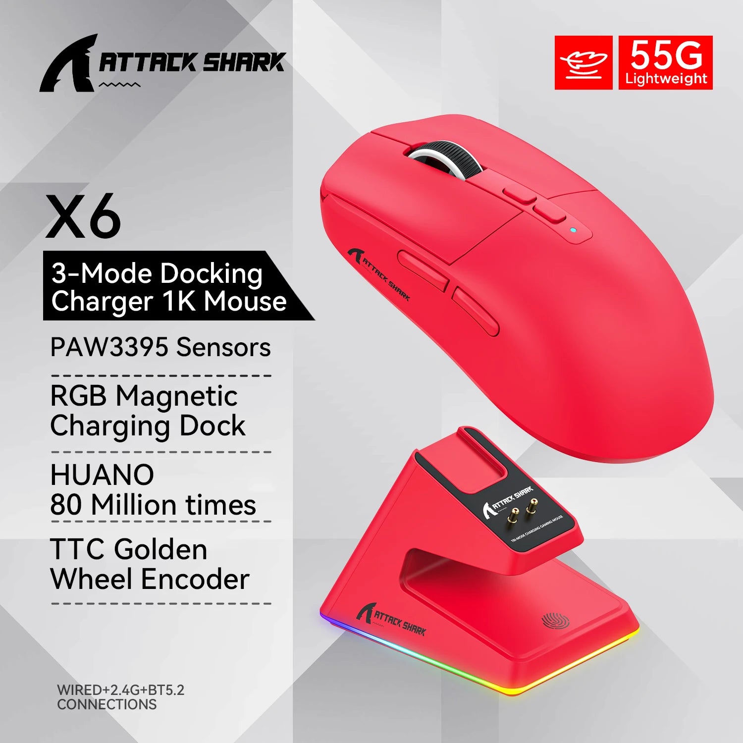 Attack shark X6 Bluetooth Mouse,PAW3395,2.4 Tri-Mode Connection, RGB Touch Magnetic Charging Base, Macro Gaming Mouse