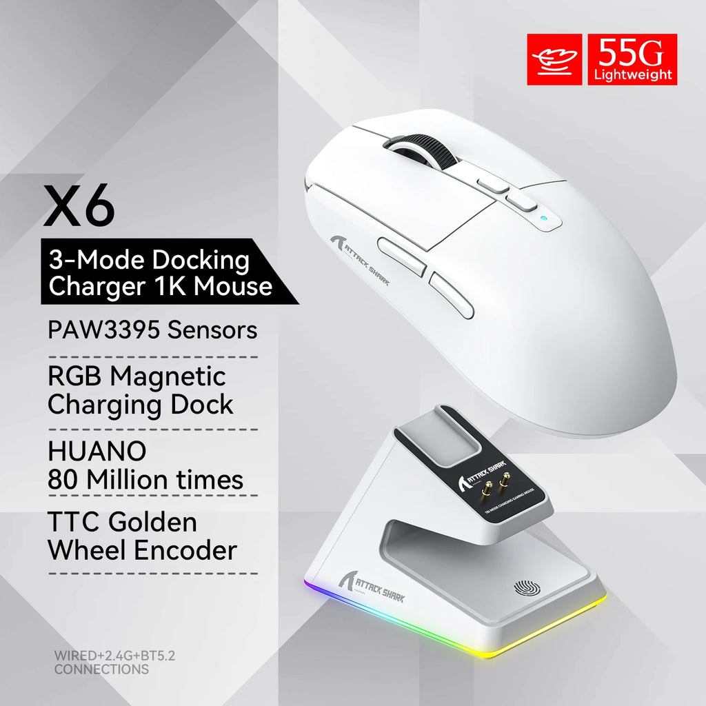 Attack shark X6 Bluetooth Mouse,PAW3395,2.4 Tri-Mode Connection, RGB Touch Magnetic Charging Base, Macro Gaming Mouse